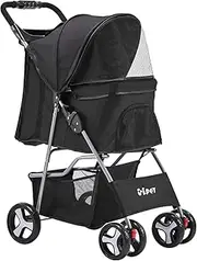 i.Pet Pet Stroller, Double Cat Dog Carrier Backpack Travel Strollers Pram Seat Trolley Outdoors Transport Carriers, Folding with 4 Wheels Water Resistance Black