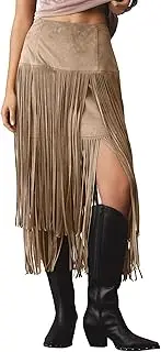 [Gacaky] Womens Fringe Faux Suede Trim Skirts 2025 Summer Casual Elastic Waist A-Line Long Skirt Party Music Festivals Skirt, Khaki, Medium