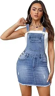 [Floerns] Women's Sleeveless Raw Hem High Waist Jumpsuit Flap Pocket Overall Denim Mini Dress