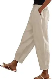[VREWARE] Pants for Women Casual Elastic High Waist Linen Pants Wide Leg Plus Size Lounge Capris with Pockets