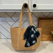 Draper James woven wicker bag inner zip pocket blue lining with scarf accent tie