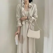 Set: Plain Linen Slipdress + Long Sleeve Plain Shirt Set of 2: Almond - One Size
