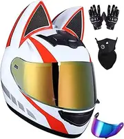Men and Women Cool Cat Locomotive Motorcycle Full Face Helmet Cat Ears Motorcycle Helmet ECE Approved Full Face Motorcycle Street Helmet for Racing Motocross C,L=57-59CM