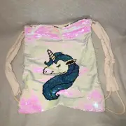 Jax & Olivia Drawstring Sequin UNICORN Bag Teal/Pearl 16" T X 13" W New in Pack