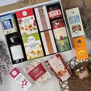Tea Gift Set - Tea Time Gourmet Hamper - Luxury Tea Box - Tea Connoisseur's Delight - Cheese Bites Biscuits,Kalamata, Macadamias, Chocolate Chip Cookies, Shortbread, 25 Tea Bags and Sea Salt