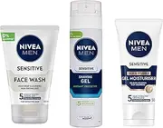[NIVEA] MEN Sensitive Skin Care Value Pack (3 Piece) | Includes: Men's Face Wash 100ml, Face & Stubble Gel Moisturiser 50ml & Shaving Gel 200ml | Relieves Skin Irritation | Sensitive Skincare Routine