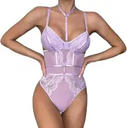 [Generic] Snap Crotch Choker Lingerie, Floral Lace One Piece Sleeveless Bodysuit