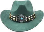 YFVFAGDMKV Cowboy Hat Blend Suede-Like Finish Ethnic Style with Beautiful Decorative Tie Season Sunshade hat(Green)