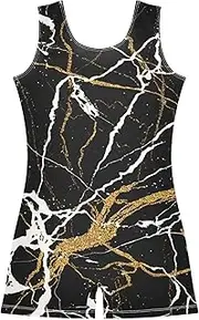 [ODAWA] Girl Gymnastics Leotard Black Marble Gold One-Piece Kids Unitard Biketards with Shorts, Girls Leotards for Gymnastics