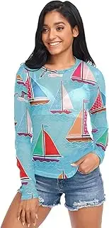 [ODAWA] Colorful Sailboats Seagulls Light Blue Long Sleeve Sheer Blouse See Through Tee Blouse Workout Tops Hoodies