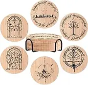 MRYAWXBK Lord of The Rings Bamboo Wood Coasters Set of 6, Funny Novelty Coasters for Drinks with Holder Housewarming Gift