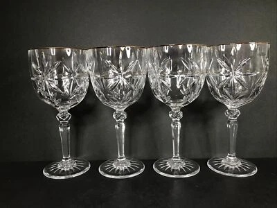 Crystal Gold Accent Goblet Set Of 4 Long Stem Wine Glasses - Made In France