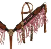 Black & Medium leather h/s and b/c set with beaded inlay w fringe. Free Ship!