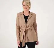 Attitudes by Renee Techno Crepe Blazer w/ Faux Leather Belt Taupe Size M A566560