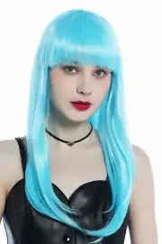 Wig Ladies Carnival Halloween Long Smooth Fringe Light Blue Disco Techno Wig