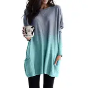 Womens Casual Gradient Long Sleeve Round Neck Pocket T Shirts Blouses Sweatshirts Tops- Skyblue