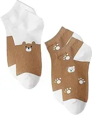 [Generic] Womens 2 Pairs Cute Brown White Teddy Bear Low Cut Trainer Socks One Size UK 3-7 EU 35-40, Brown, 3-7