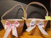 2 NEW Lightweight BURLAP FABRIC EASTER BASKET PASTEL Striped Ribbon FREE SHIP
