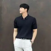 Short-Sleeve Plain Knit Ribbed Polo Shirt Black - L