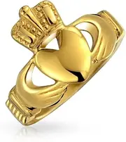 [Bling Jewelry] Personalize Unisex Heart Band BFF Celtic Irish Friendship Couples Promise Claddagh Ring For Men Women Teen Silver Gold Tone Stainless Steel Customizable