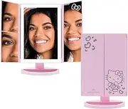Impressions Makeup Vanity Hello Kitty, Trifold with LED Lights Tri-Tone Mirror with Touch Sensor and Three Adjustable Panels, Handheld Magnifying Mirror (Pink)
