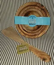 NEW NWT LOT OF 4 SET TRADER JOE'S TUNISIAN OLIVE WOOD 3 NESTING BOWLS & SPATULA