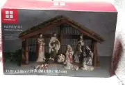Essential Home Porcelain Nativity Set With Wood Creche Manger 9 Figures
