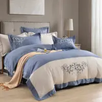 在飛比找momo購物網優惠-【織眠家族】40支刺繡萊賽爾四件式兩用被床包組 典藏緹花-藍