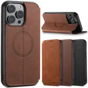 For iPhone 16 Pro Max 15 14 13 Magnetic Mag Safe Leather Wallet Flip Stand Case
