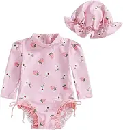 [LYSINK] Toddler Baby Girl Swimsuit Set One Piece Long Sleeve Zip Up Rash Guard Swimwear with Cute Sun Hat 2Pcs Bathing Suit