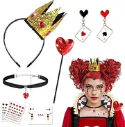 7PCS Queen of Hearts Accessories, Queen of Hearts Crown Headband Earings Red Heart Necklace Wand Face Stickers, Costume Accessories Women Girls for Halloween Carnivals Book Day Cosplay