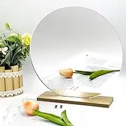 10'' Circle Shape Mirror for Room Decor, Acrylic Mirror with Wood Stand, Frameless Makeup Mirror for Desk Decor, Unique Decor for Bedroom Accessories (Round)