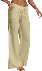 Women's Cotton Linen Pants Casual Drawstring High Waist Wide Leg Pants Loose Fit Lounge Flowy Trousers Plus Size
