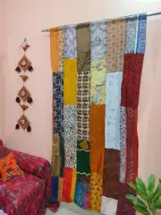 Hippie Boho SILK Patch Curtain, Bohemian Room Canopy Decor, Psychedelic 70s