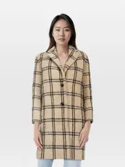 Beige & Black Checkered Mid Length Coat