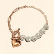 Pearl Paper Clip Chain Heart Rose Gold Layered Stainless Steel Bracelet