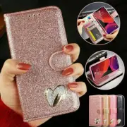 For iPhone 16 15 14 13 12 11 Case Heart Glitter Flip Wallet Leather Phone Cover