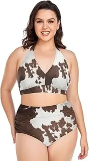 [Caihoyu] Large Size Lady Bikini Tummy Control Bathing Suits High Waisted Bikini Swimwear Western Cow Skin Texture L