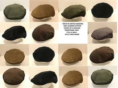 MENS 100% SUMMER COOL COTTON SUN PROTECTION CORDUROY CORD FLAT CAP MADE IN UK