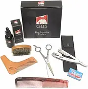 Professional Beard Kit GBS - Includes Cutting and Styling Scissors Conditioning Oil Boar Bristle Beard Brush Barber Shavette Beard Shaping Template 7 Dressing Comb Leather Case+ 10pk blades
