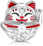 [GNOCE] Lucky Cat Charms 925 Sterling Silver “Wish You Luck” Cute Cat Bead Charm with Cubic Zirconia Fit All Bracelet Necklace Gifts for Daughter & Friends Pet Lovers