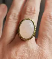 Vintage Egyptian Revival Rose Quartz Glass Pink Scarab Ring, Size 7.5