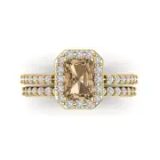 2.2ct Emerald Round Cut Halo Champagne Ring bridal Set 14k Yellow solid Gold