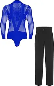 [TiaoBug] Mens Latin Dance Leotards Jazz Pants Modern Trousers Sequin Tassel Mesh Bodysuit 2-piece Dance Costume