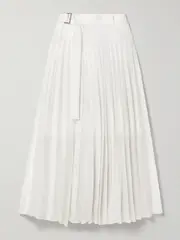 [Sacai] Sacai - Belted Denim-trimmed Pleated Satin Midi Wrap Skirt - Off-white - 2 2 Off-white