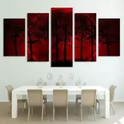 Red Sun Halo Forest Trees Framed 5 Piece Canvas Wall Art