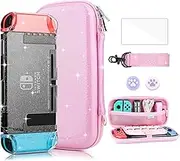 FANPL Case for Nintendo Switch Accessories, Pink Rainbow Sparkle Carrying Case for Switch and Joy Con with Hard Clear Glitter Protective Case and Screen protector, 2 Thumb Grips, Shoulder Strap