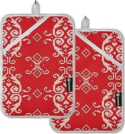 Pot Holder Heat Resistant Merry Christmas Ethnic Red Potholder with Pockets Hot Pad Holders for Kitchen Oven Mitts 2 Pack