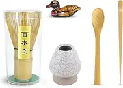 5 Pcs Japanese Matcha Tea Set, Matcha Whisk, Traditional Scoop, Tea Spoon, Scoop Holder, Ceramic Whisk Holder Handmade Matcha Ceremony Kit for Traditional Japanese Tea Ceremony (Black Seam Pattern)