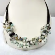 Amazonite Gemstone Beaded Necklace Genuine Leather Adjustable Strings STONY